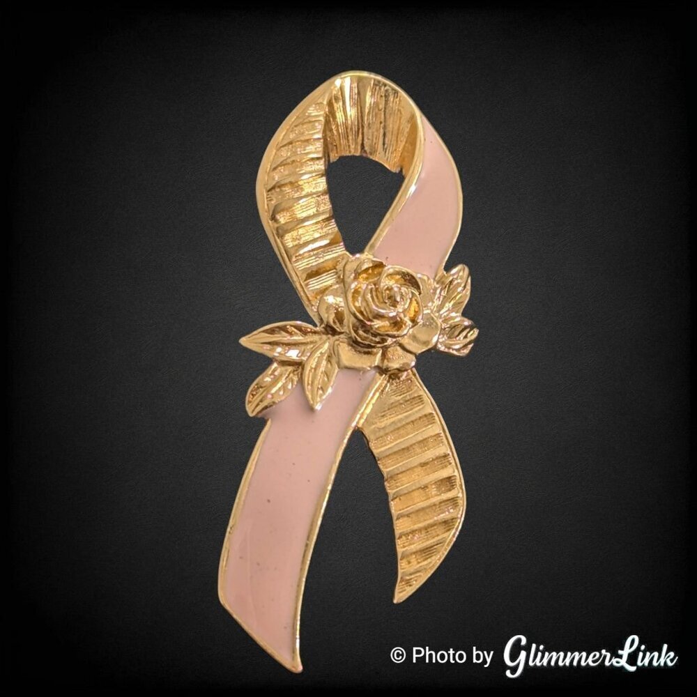 Vintage 1990s Avon Pink Ribbon Rose Breast Cancer Awareness Gold Tone Pin